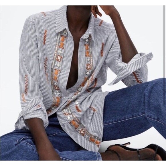 NWT Zara Collection S Striped Embroidered Embellished cotton Button Up Shirt - Picture 14 of 14